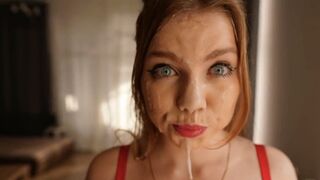 A record amount of sperm on the face! My stepsister interfered with my playing