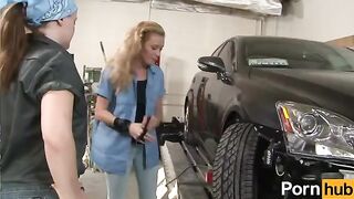 The pretty and sexy girl has sex with her girlfriend in the garage