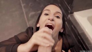 An extra small brunette gets fucked by a big cock in POV