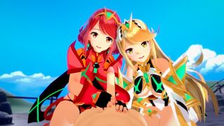 Mythra and Pyra are having a threesome fun with a guy in 3D hentai