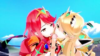 Mythra and Pyra are having a threesome fun with a guy in 3D hentai