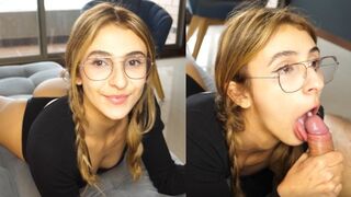 A pretty girl pushed the big dick in her throat and got a hot throat pie