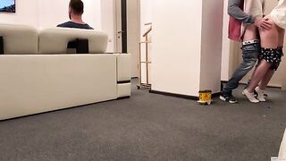 The delivery guy came to the house and the wife fucked him in front of her husband