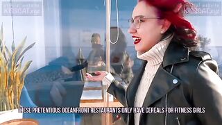 A beautiful Russian student has breakfast with a stranger in the park