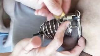 Femdom milking with chastity e-stim and intense prostate play