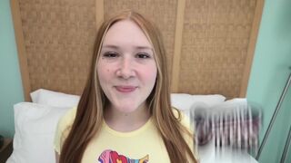 Redhead with freckles and bright pubic hair has sex on cam