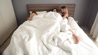 Girl seduced by her stepmom and her boyfriend to fuck them both