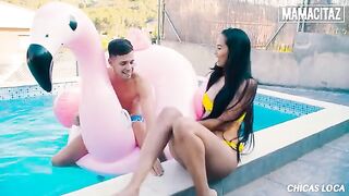 Petite brunette Andreina Deluxe gets her pussy pounded by a huge dick at the pool