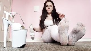 Foot-fetish fun with dirty white tights and pleaser heels