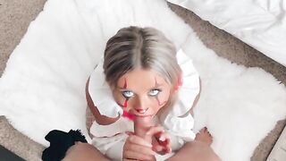 Little buff girl sucks my cock before the Halloween party