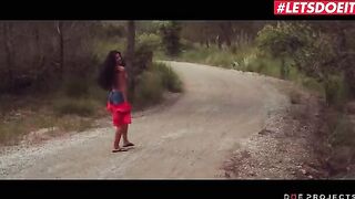 Short-haired brunette Alexa Tomas pisses in the street before getting her pussy stuffed with cock