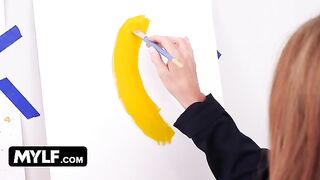 Artistic cougar seduces painter and his nude model for sex