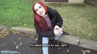 Redhead Brit shows off her pierced tits for cash - Public Agent