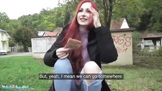 Redhead Brit shows off her pierced tits for cash - Public Agent
