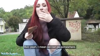 Redhead Brit shows off her pierced tits for cash - Public Agent