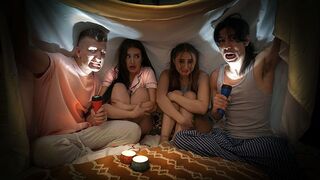 Naughty boys scare and fuck Aubrey and Penelope in a story