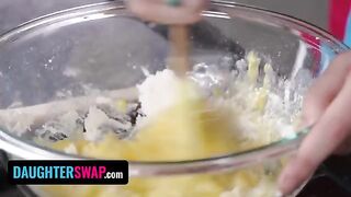 The girls are backing a pie for their stepdads, showcasing some dirty tricks