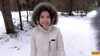 A girl has sex with a guy in the winter outdoors - Cum on my pretty face POV