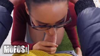 Hot chick lets nerd study her boobs and ass for money