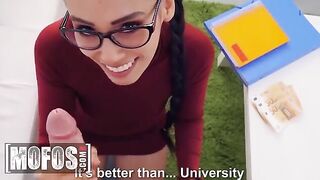 Hot chick lets nerd study her boobs and ass for money