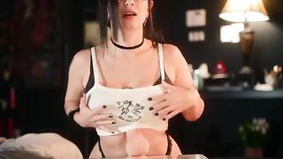 Gothic girl played with her huge boobs and a new sex toy