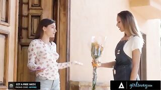 The girl is trying to seduce her crush, a flower shop owner in this steamy Girlsway scene