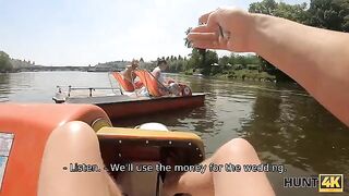 The busty girl is fucking with stranger in the forest to get money