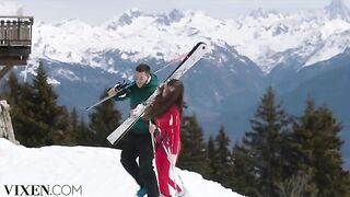 A cute skier has passionate sex with her partner in the Alps