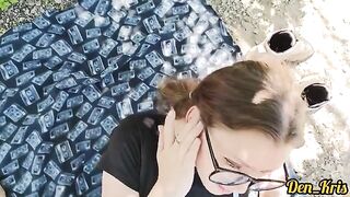 The cute schoolgirl got a lot of warm cum on her face and hair