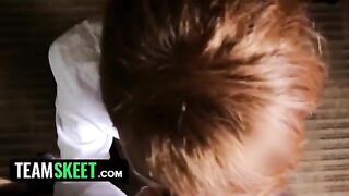 Ginger housekeeper Abbey Rain gets fucked on her knees and swallows cum