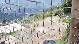A girl was fucked by a stranger farmer outdoors and got cum on her pussy