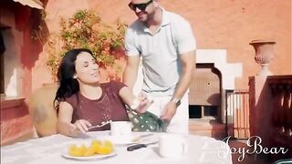 Busty brunette Anissa Kate enjoys a passionate holiday romance with a well-endowed man