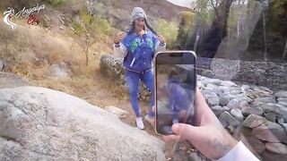 A sexy girl is fucking with her boyfriend in the wood after a photo shooting