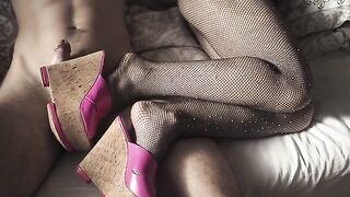 The sexy girl in high heels and pantyhose is ready to please you