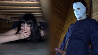 A girl is having fun with a guy in a spooky Halloween setting