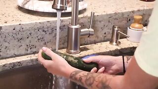 Getting ready for lunch with a big dildo
