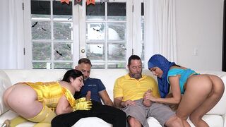 Two hot stepdaughters in costumes getting fucked by their stepdads