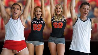 Two football step moms, Rachael Cavalli and Sedona Reign, celebrate with a taboo foursome