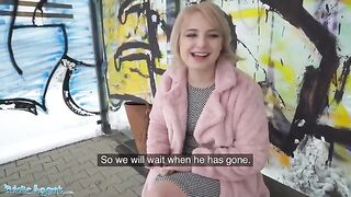 Public Agent picks up short haired blonde teen for cash at bus stop