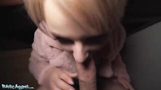 Public Agent picks up short haired blonde teen for cash at bus stop