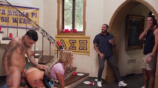 The busty housekeeper gets a rough welcome from the college frat boys