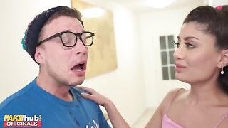 Indian girl masturbates dork to make him cum on his glasses