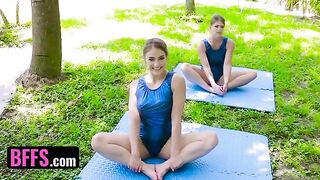 Gymnast Katie Kush and Kenzie Madison in stretching action