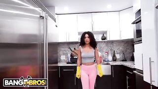 The black housekeeper, a stunning woman, uses her mouth and body to clean