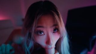 Sexxy Asian teen Raya Steele massages cock with her throat in POV
