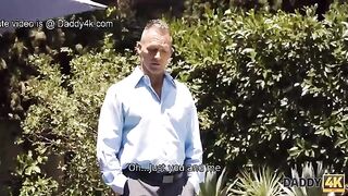 Pretty girl has fun with her boyfriends’ daddy by the pool