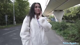 Petite brunette nearly gets hit by a taxi, then gets fucked outdoors