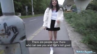Petite brunette nearly gets hit by a taxi, then gets fucked outdoors