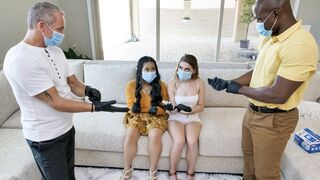 Two step daughters, Sera Ryder and Alona Bloom, get their pussies cleaned and fucked by their daddies in a steamy foursome