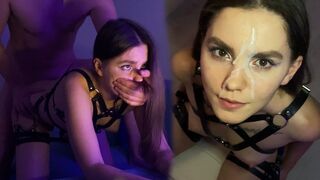 A cute brunette girl in a harness fucks on my dick and gets cum on her face